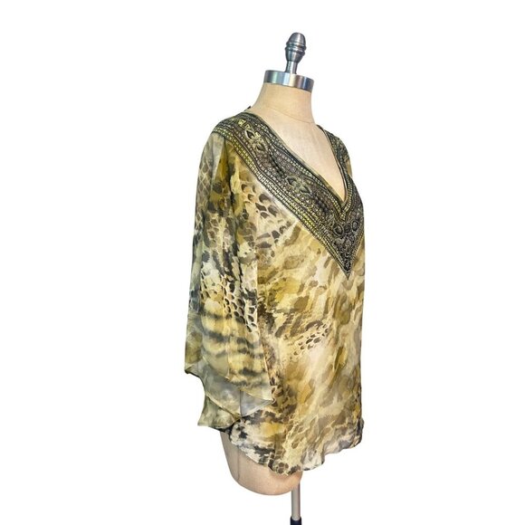Chicos Paradise Jeweled V-Neck Sheer Poncho S/M 100% Polyester Leopard Print Gre - Picture 2 of 5